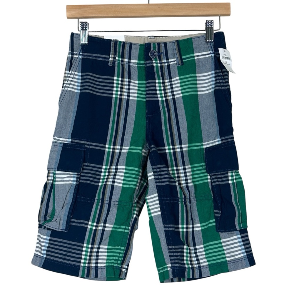 NWT Gap Cargo Shorts Boys 10 Green Blue Plaid 100%  Cotton Coastal Preppy Summer